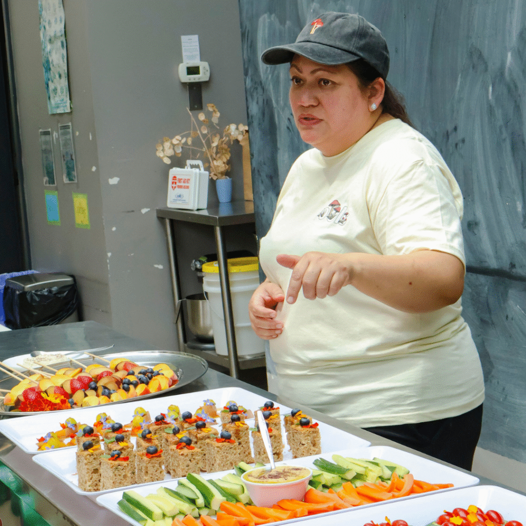 Community Chef Ana leading a conversation about local food systems in relation to food justice.